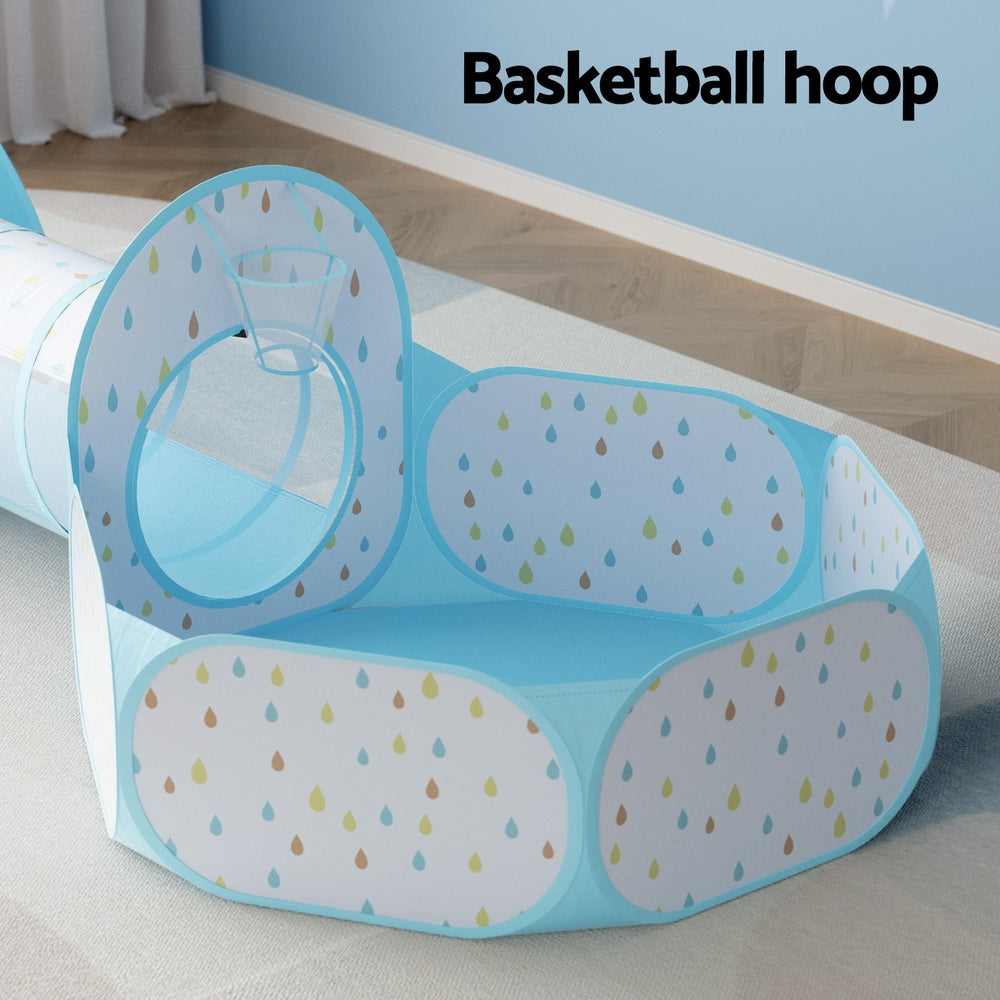 Keezi Kids Play Tent Pop Up Playhouse Ball Pit Tunnel Basketball Hoop Blue-Baby & Kids > Baby & Kid&