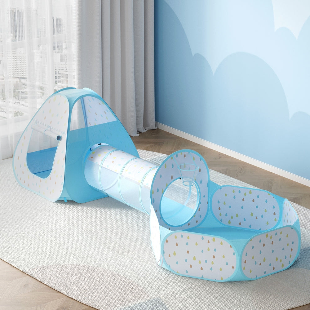 Keezi Kids Play Tent Pop Up Playhouse Ball Pit Tunnel Basketball Hoop Blue-Baby & Kids > Baby & Kid&