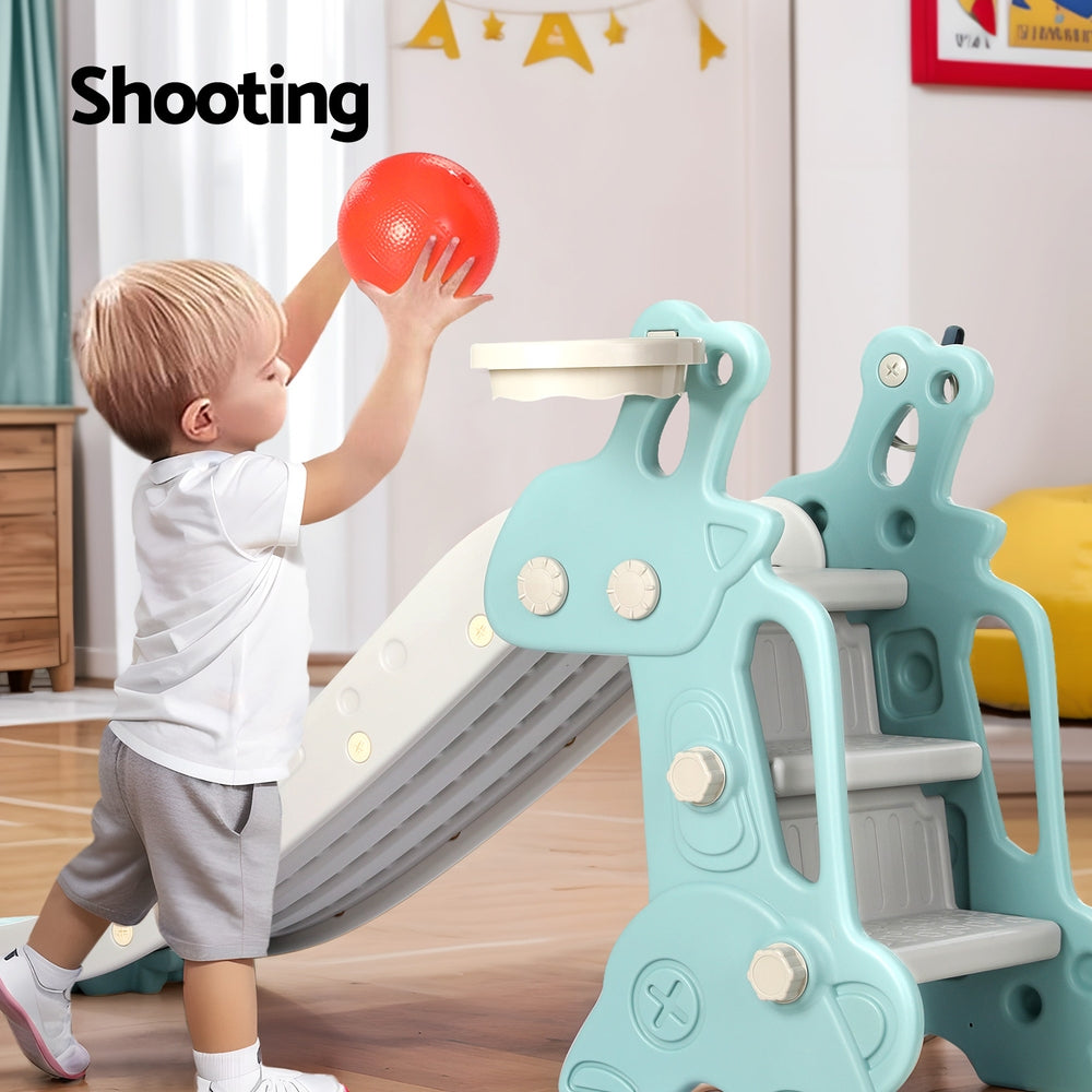 Keezi Kids Slide Set Basketball Hoop Ring Outdoor Playground Toy Deer 140cm Blue-Baby & Kids > Baby & Kid&