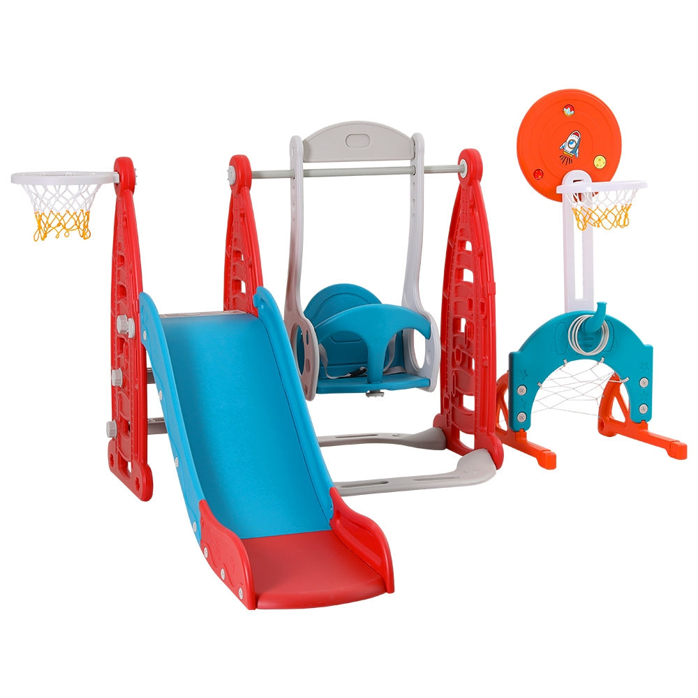 Keezi Kids Slide Swing Set Basketball Hoop Rings Football Outdoor Toys 140cm Red-Baby & Kids > Baby & Kid&