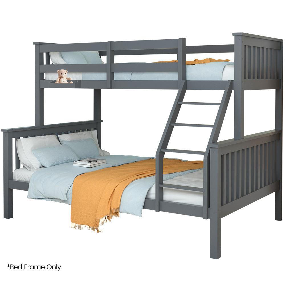 Kingston Slumber Bunk Bed Triple Wooden Single Over Double Beds for Kids, Solid Pine Wood, Convertible Design, Grey-Furniture > Bedroom > Beds & Bed Frames-PEROZ Accessories