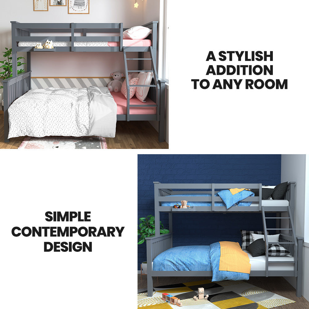 Kingston Slumber Bunk Bed Triple Wooden Single Over Double Beds for Kids, Solid Pine Wood, Convertible Design, Grey-Furniture > Bedroom > Beds & Bed Frames-PEROZ Accessories