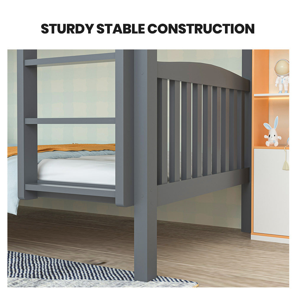 Kingston Slumber Single Bunk Bed Frame Solid Pine Wood Timber, Modular Design, Grey-Furniture > Bedroom > Beds & Bed Frames-PEROZ Accessories