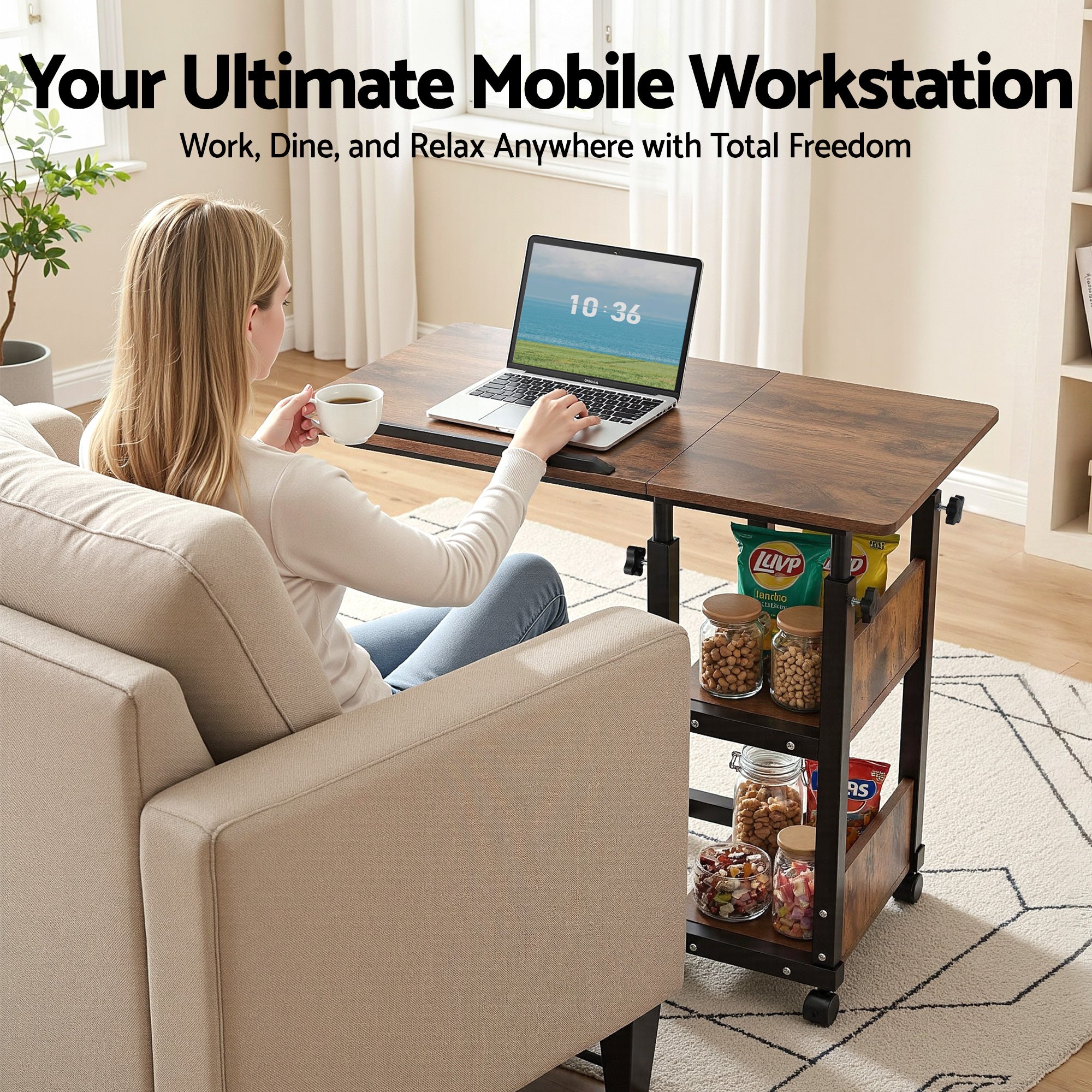 Artiss 3 Tier Adjustable Laptop Desk Tiltable Mobile Side Table Wheels-Electronics > Computers & Tablets > Desktops & Accessories-PEROZ Accessories