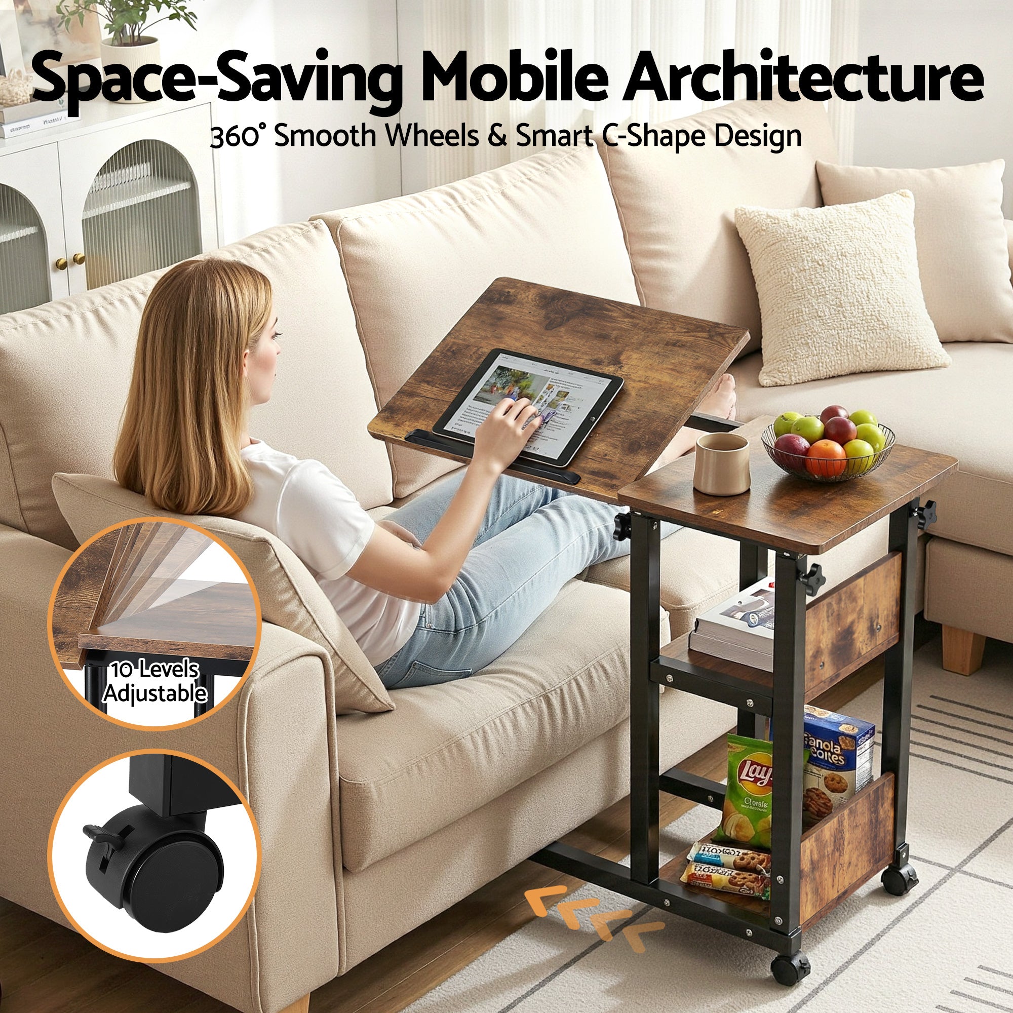 Artiss 3 Tier Adjustable Laptop Desk Tiltable Mobile Side Table Wheels-Electronics > Computers & Tablets > Desktops & Accessories-PEROZ Accessories