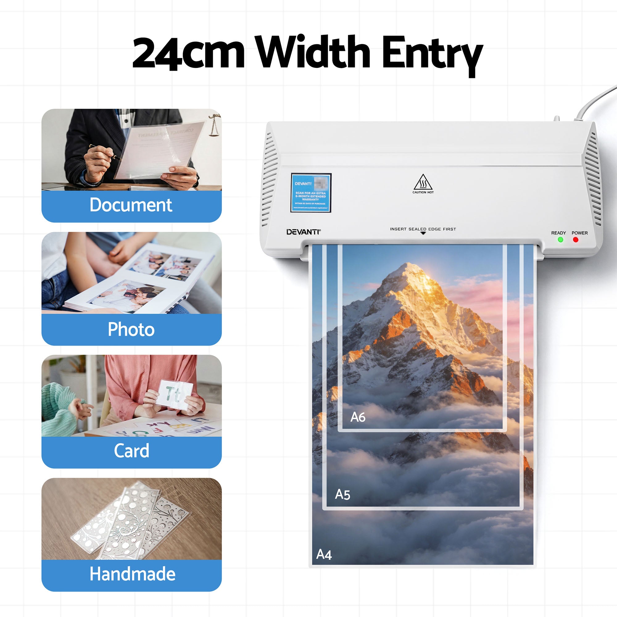 Devanti A4 Laminator Machine, Hot & Cold Thermal Fast Lamination Anti-Jam Laminator for Office School Home Document Photo Card Handmade A4 A5 A6, White-Home & Garden > Home Office Accessories > Laminators-PEROZ Accessories