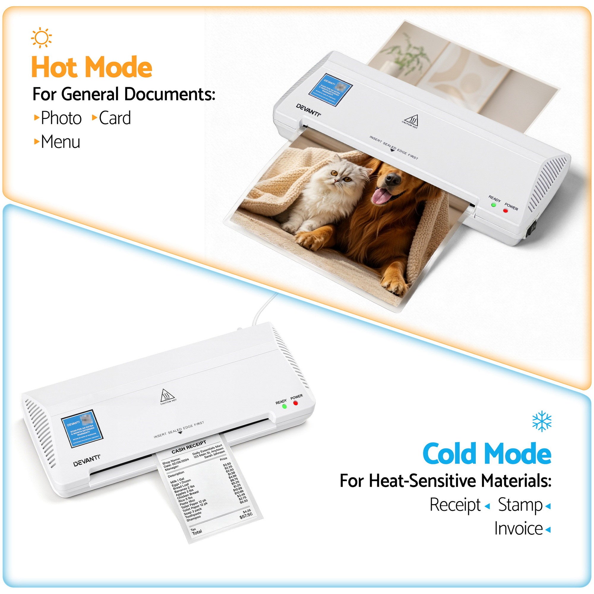 Devanti A4 Laminator Machine, Hot & Cold Thermal Fast Lamination Anti-Jam Laminator for Office School Home Document Photo Card Handmade A4 A5 A6, White-Home & Garden > Home Office Accessories > Laminators-PEROZ Accessories