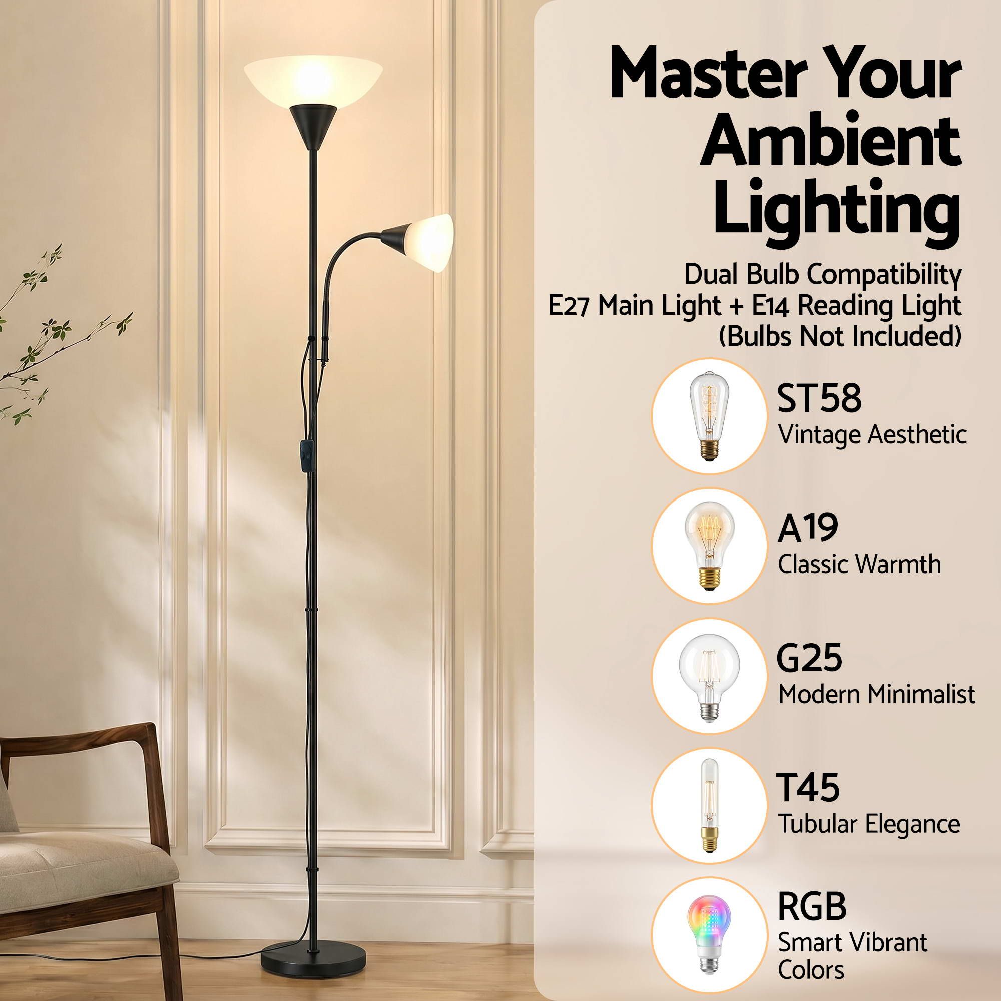 Artiss Floor Lamp Mother and Child Modern Home Living Room Office Reading Black-Home & Garden > Lighting > Floor Lamps-PEROZ Accessories