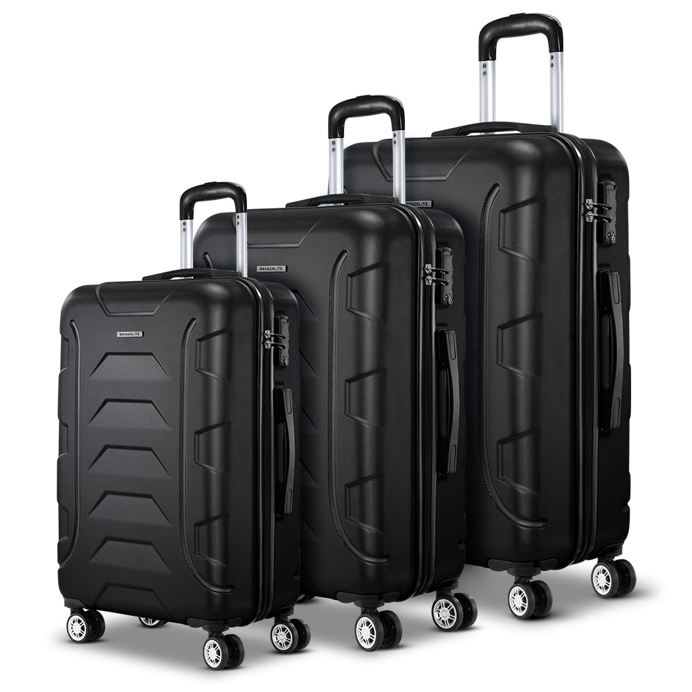 Wanderlite 3pc Luggage Trolley Travel Suitcase Set TSA Hard Case Lightweight Black-Luggage-PEROZ Accessories