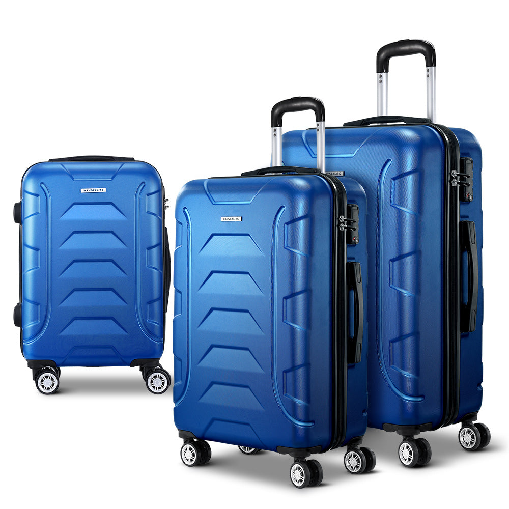 Wanderlite 3pc Luggage Trolley Travel Suitcase Set TSA Hard Shell Case Strap Blue-Luggage-PEROZ Accessories