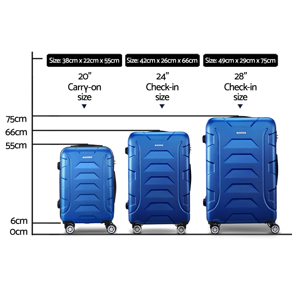 Wanderlite 3pc Luggage Trolley Travel Suitcase Set TSA Hard Shell Case Strap Blue-Luggage-PEROZ Accessories