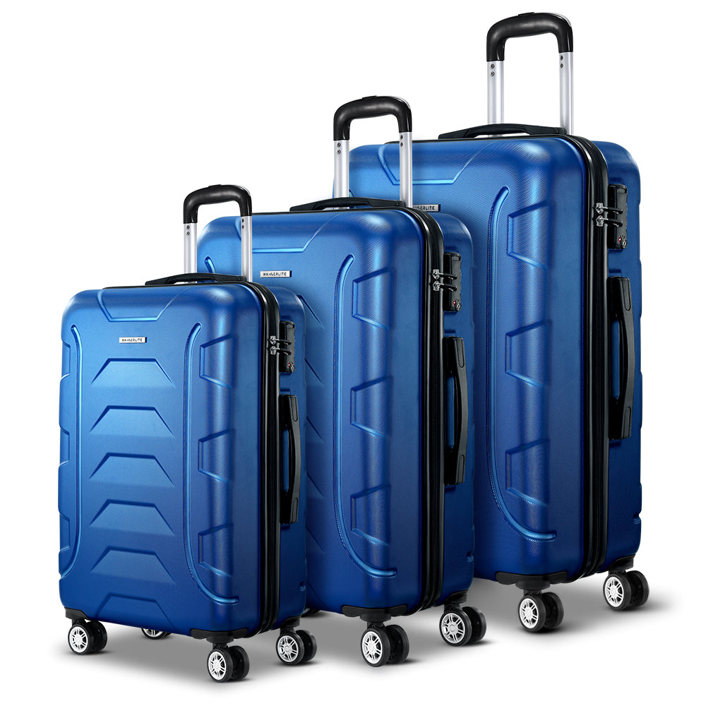Wanderlite 3pc Luggage Trolley Travel Suitcase Set TSA Hard Shell Case Strap Blue-Luggage-PEROZ Accessories