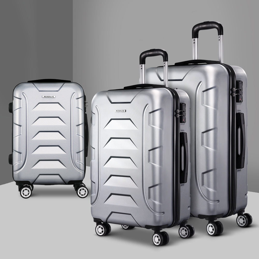 Wanderlite 3pc Luggage Trolley Travel Suitcase Set TSA Hard Case Shell Strap Silver-Luggage-PEROZ Accessories