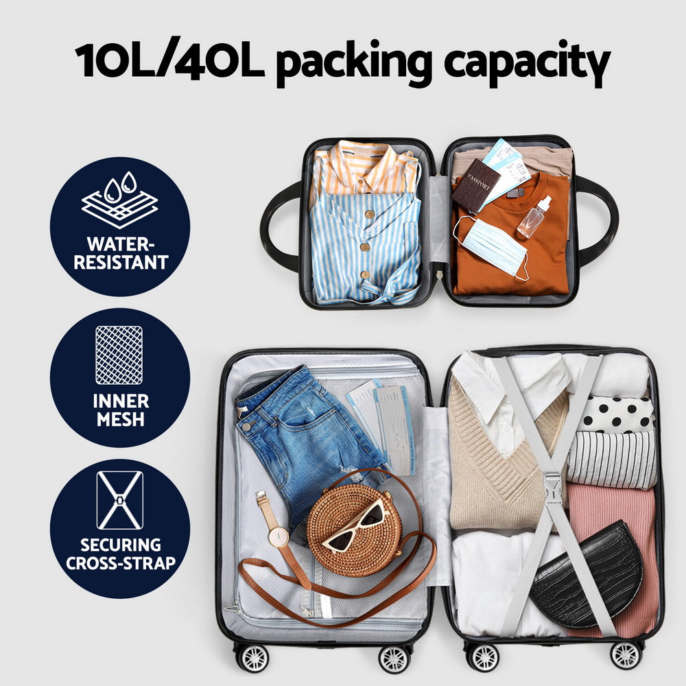 Wanderlite 2pc Luggage 12" 20" Trolley Travel Suitcase Storage Carry On TSA Lock Black-Home & Garden > Travel > Suitcases-PEROZ Accessories