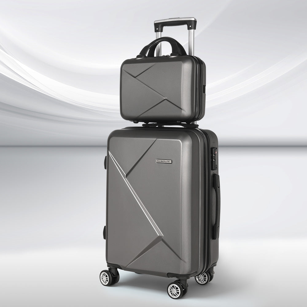 Wanderlite 2pc Luggage 12" 20" Trolley Travel Suitcase Storage Carry On TSA Lock Dark Grey-Home & Garden > Travel > Suitcases-PEROZ Accessories