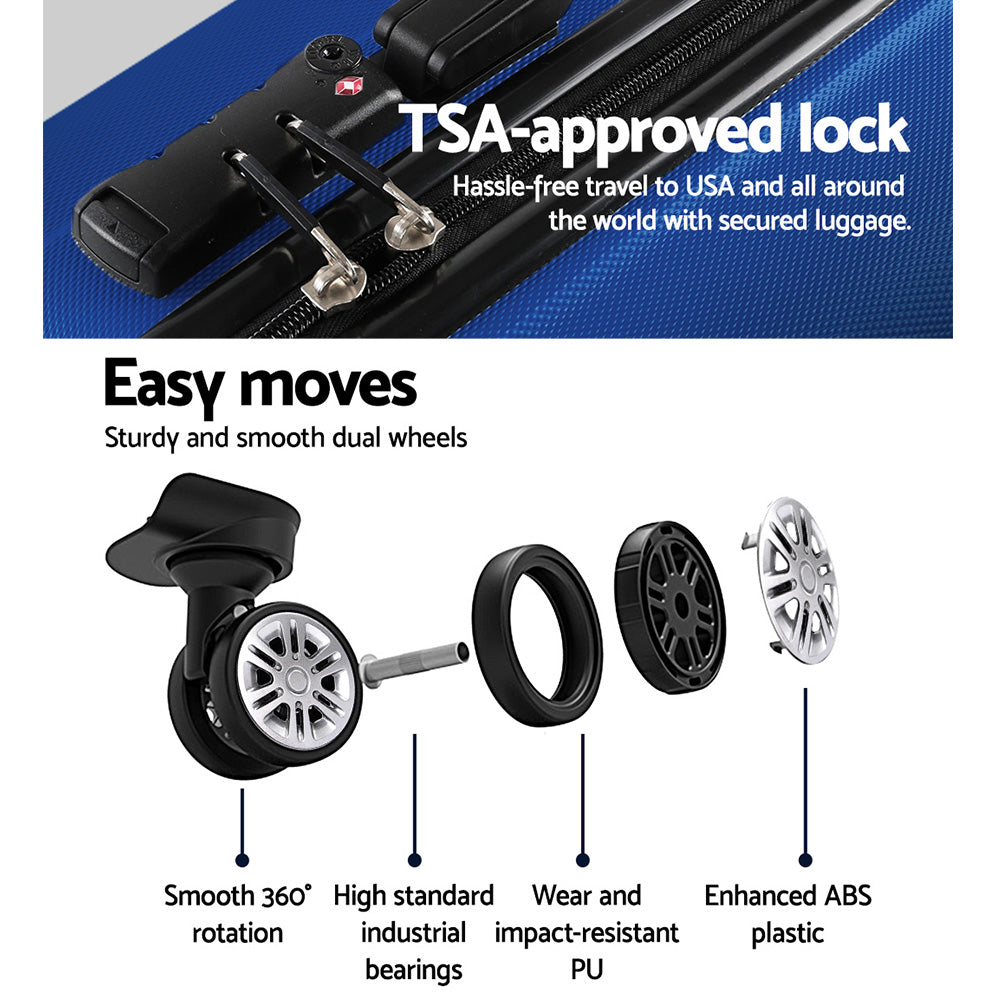 Wanderlite 2pc Luggage Trolley Travel Set Suitcase Carry On TSA Hard Case Lightweight Blue-Luggage-PEROZ Accessories