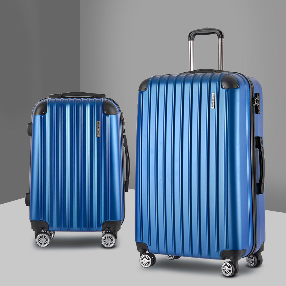 Wanderlite 2pc Luggage Trolley Travel Set Suitcase Carry On TSA Hard Case Lightweight Blue-Luggage-PEROZ Accessories