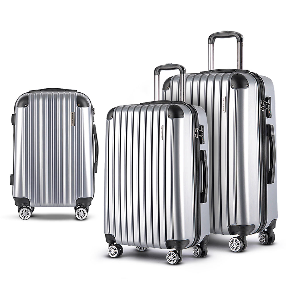 Wanderlite 3pc Luggage Trolley Travel Set Suitcase Carry On TSA Lock Hard Case Lightweight Silver-Luggage-PEROZ Accessories