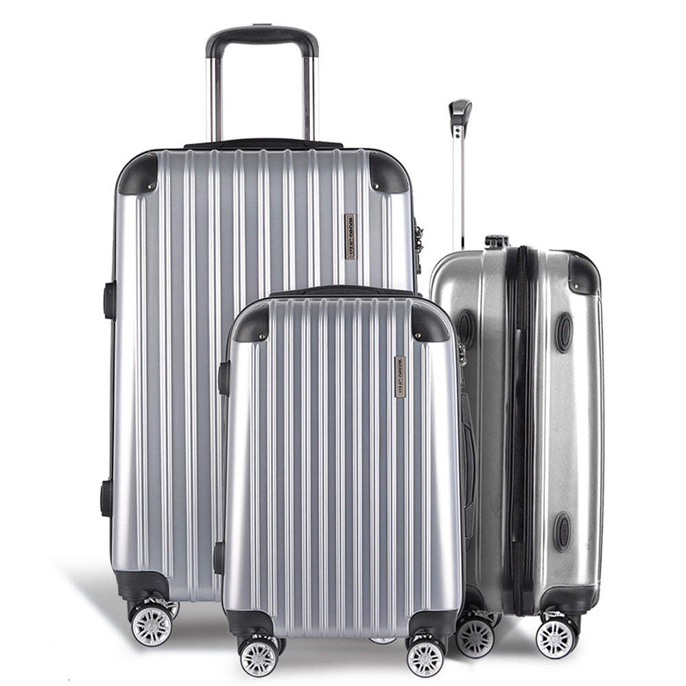 Wanderlite 3pc Luggage Trolley Travel Set Suitcase Carry On TSA Lock Hard Case Lightweight Silver-Luggage-PEROZ Accessories