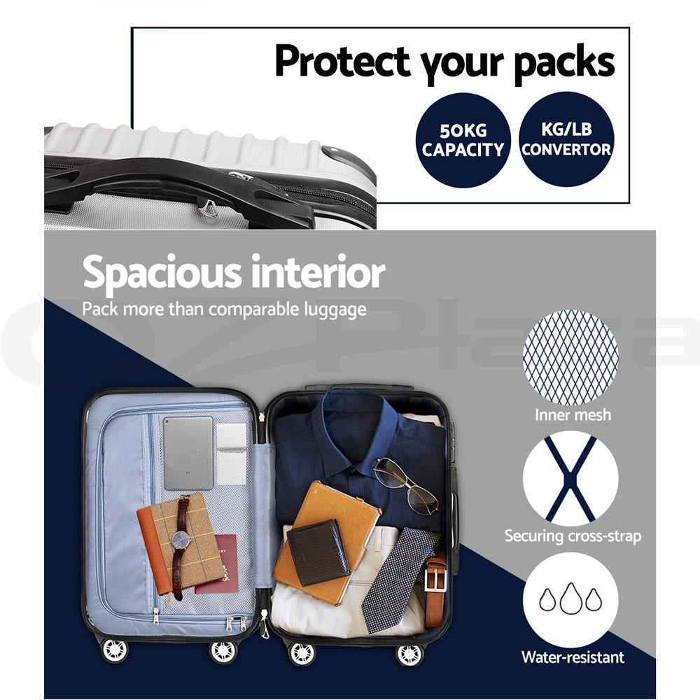 Wanderlite 3pc Luggage Trolley Travel Set Suitcase Carry On TSA Lock Hard Case Lightweight Silver-Luggage-PEROZ Accessories