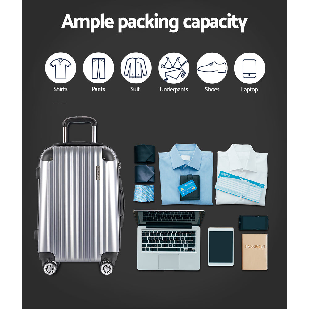 Wanderlite 3pc Luggage Trolley Travel Set Suitcase Carry On TSA Lock Hard Case Lightweight Silver-Luggage-PEROZ Accessories