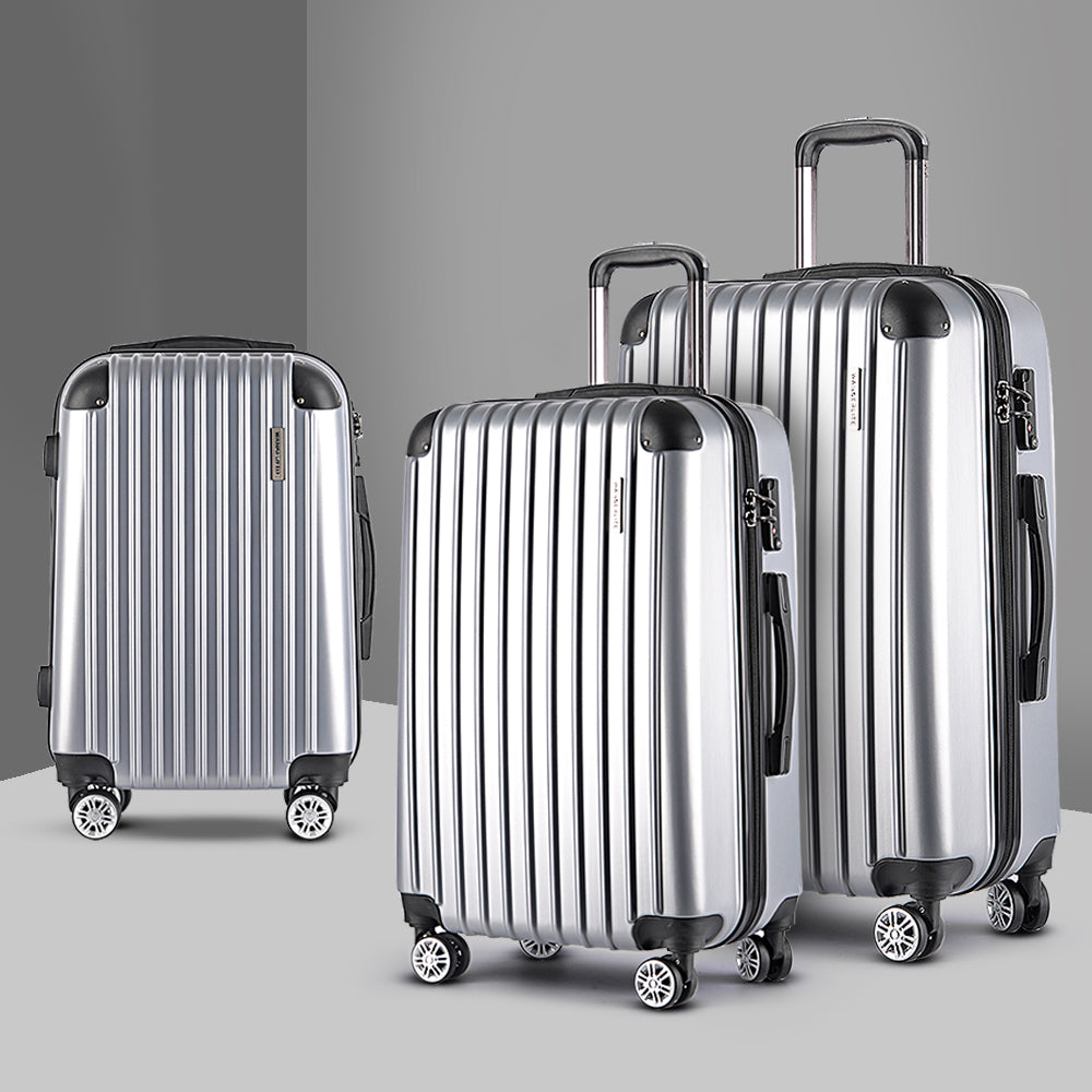 Wanderlite 3pc Luggage Trolley Travel Set Suitcase Carry On TSA Lock Hard Case Lightweight Silver-Luggage-PEROZ Accessories