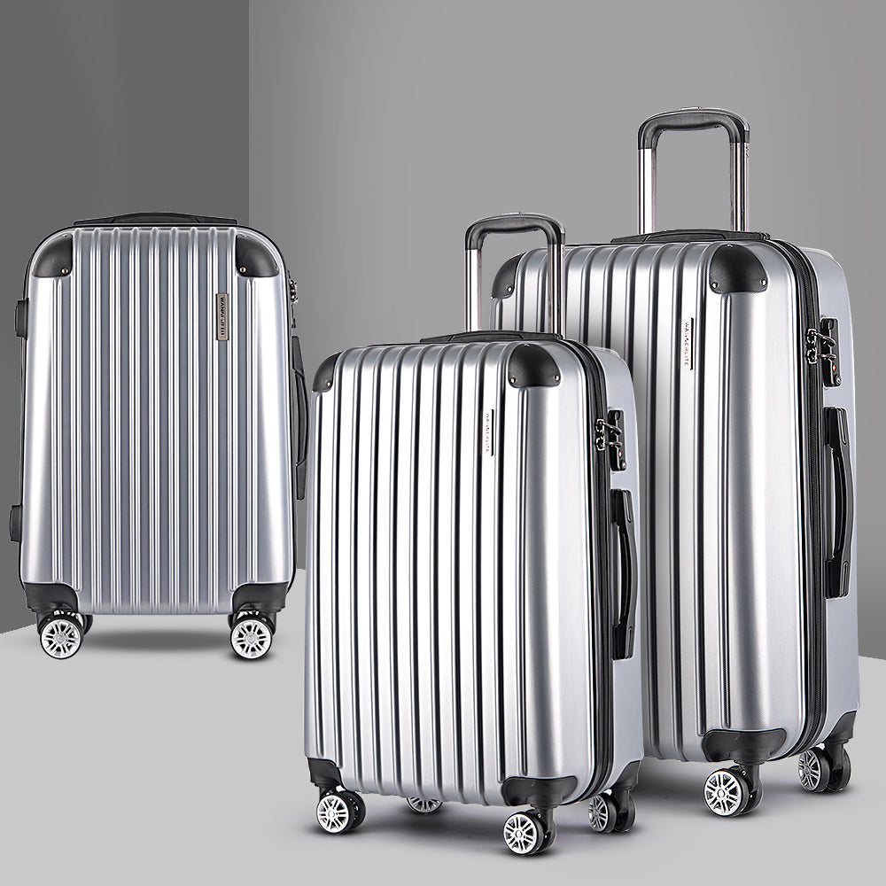 Wanderlite 3pc Luggage Trolley Travel Set Suitcase Carry On TSA Lock Hard Case Lightweight Silver-Luggage-PEROZ Accessories