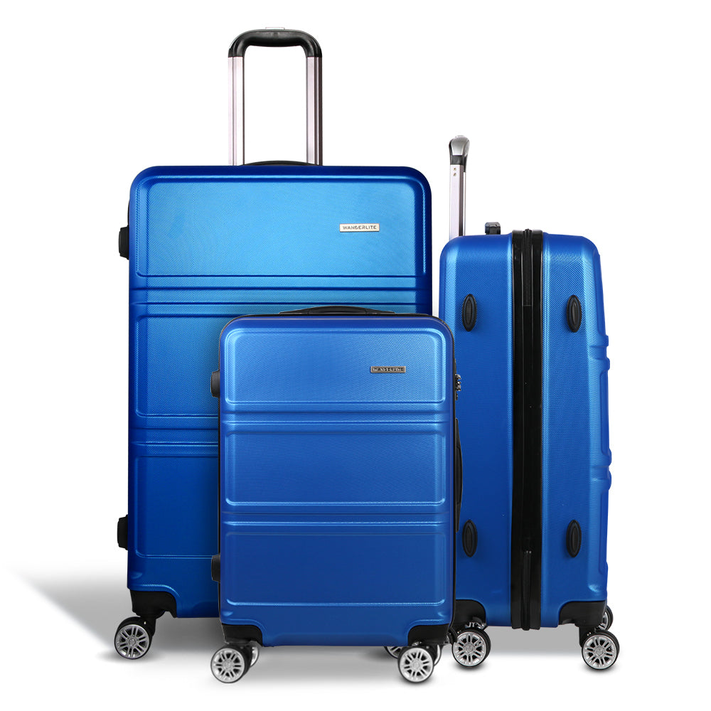 Wanderlite 3pc Luggage Trolley Set Suitcase Travel TSA Carry On Hard Case Lightweight Blue-Luggage-PEROZ Accessories