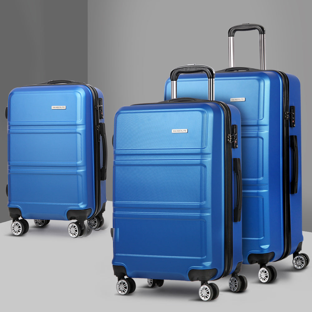Wanderlite 3pc Luggage Trolley Set Suitcase Travel TSA Carry On Hard Case Lightweight Blue-Luggage-PEROZ Accessories
