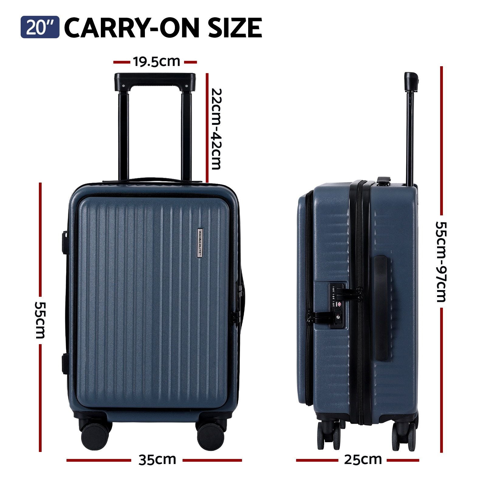 Wanderlite 20" Luggage Suitcase Front Pocket Travel Carry On Dual TSA Navy-Home & Garden > Travel > Suitcases-PEROZ Accessories