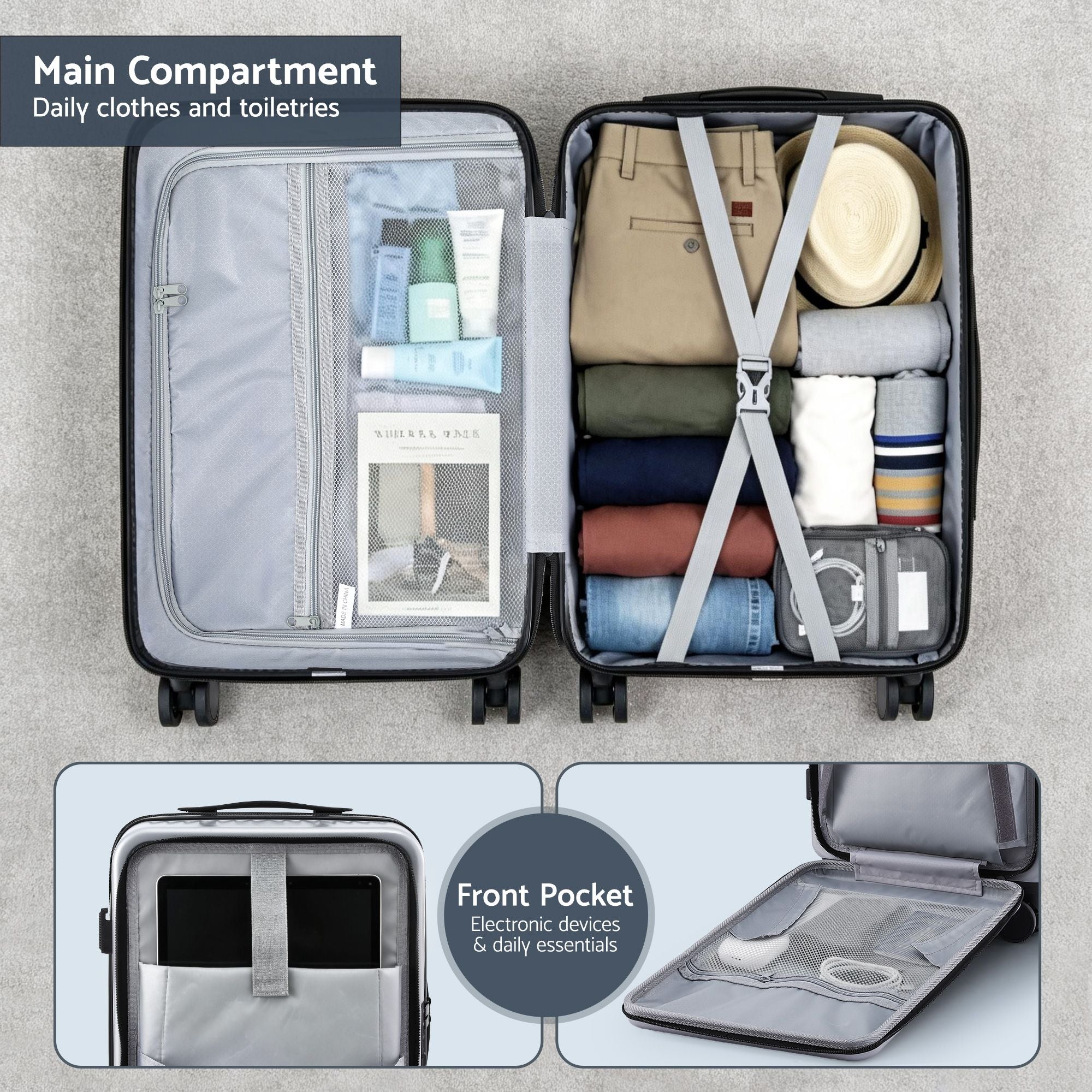 Wanderlite 20" Luggage Suitcase Front Pocket Travel Carry On Dual TSA Silver-Home & Garden > Travel > Suitcases-PEROZ Accessories