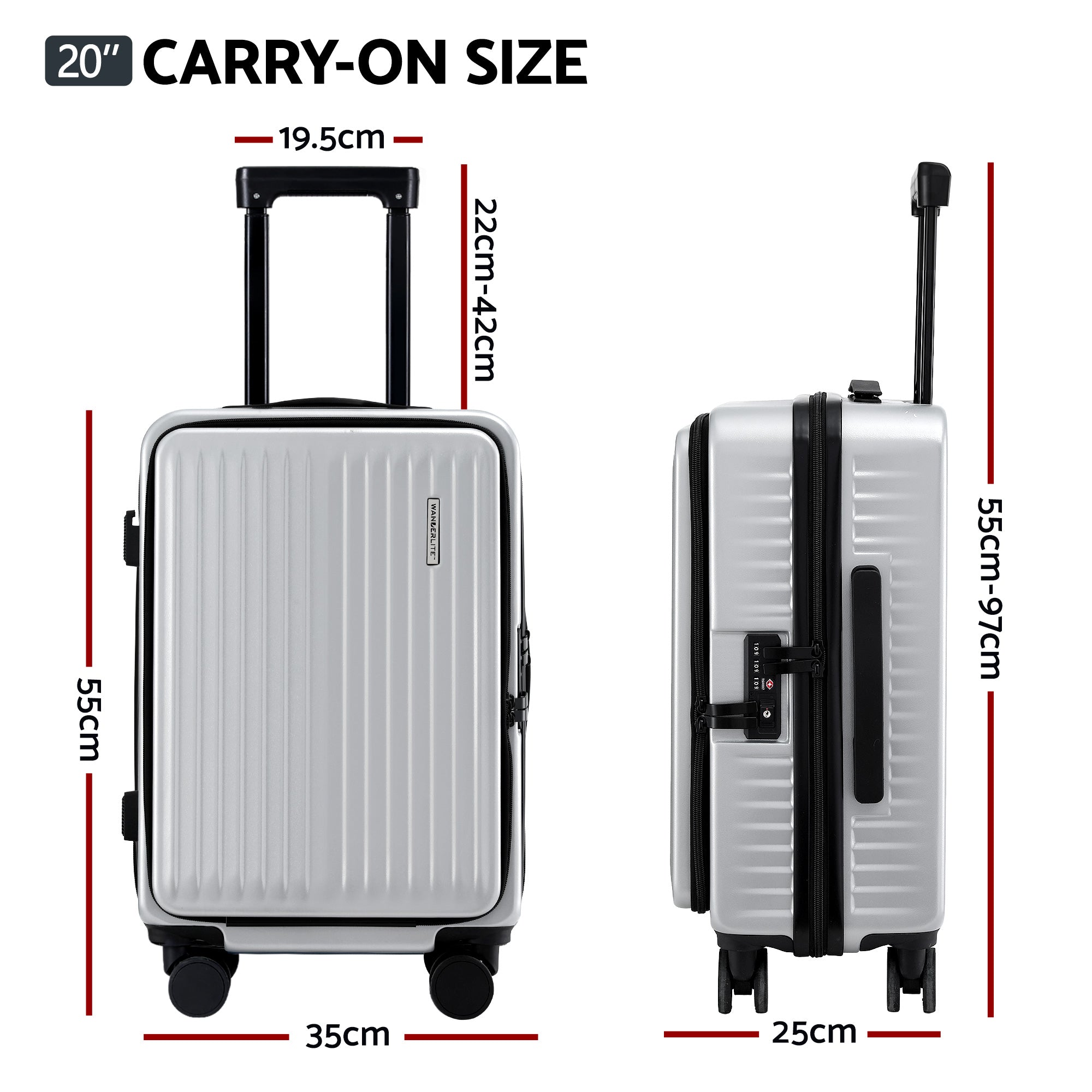 Wanderlite 20" Luggage Suitcase Front Pocket Travel Carry On Dual TSA Silver-Home & Garden > Travel > Suitcases-PEROZ Accessories