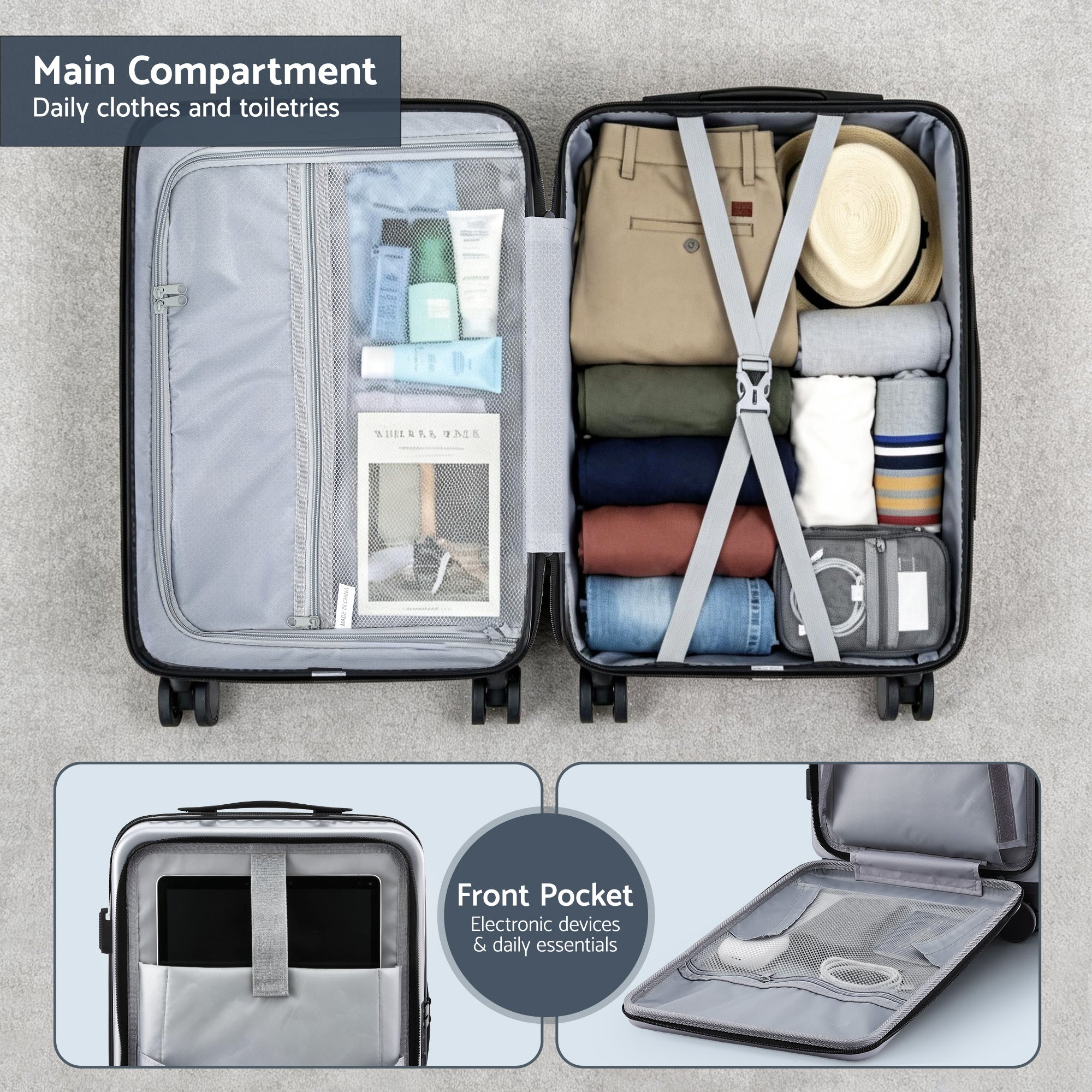 Wanderlite 20" Luggage Suitcase Front Pocket Travel Carry On Dual TSA Silver-Home & Garden > Travel > Suitcases-PEROZ Accessories