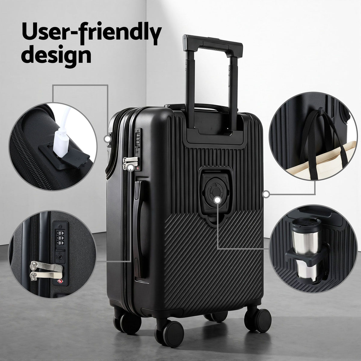 Wanderlite 20" Luggage Suitcase Front Pocket Travel Carry On TSA Black-Home & Garden > Travel > Suitcases-PEROZ Accessories