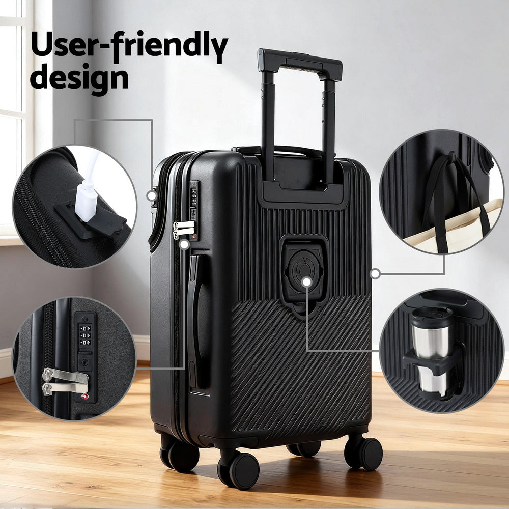 Wanderlite 20" Luggage Suitcase Front Pocket Travel Carry On TSA Black-Home & Garden > Travel > Suitcases-PEROZ Accessories