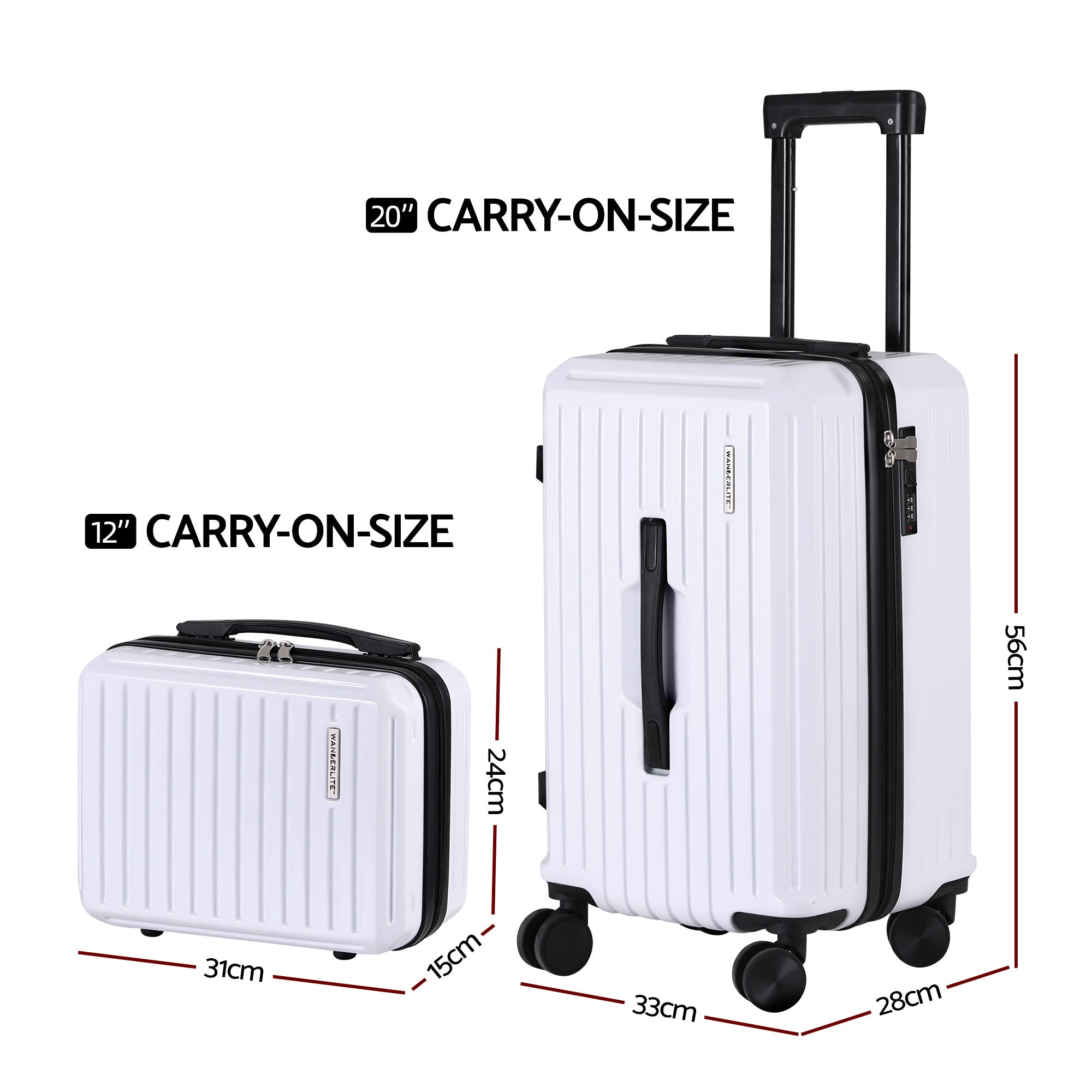 Wanderlite 2pcs Trunk Luggage Suitcase Travel Carry On TSA Lock 12" 20" White-Home & Garden > Travel > Suitcases-PEROZ Accessories