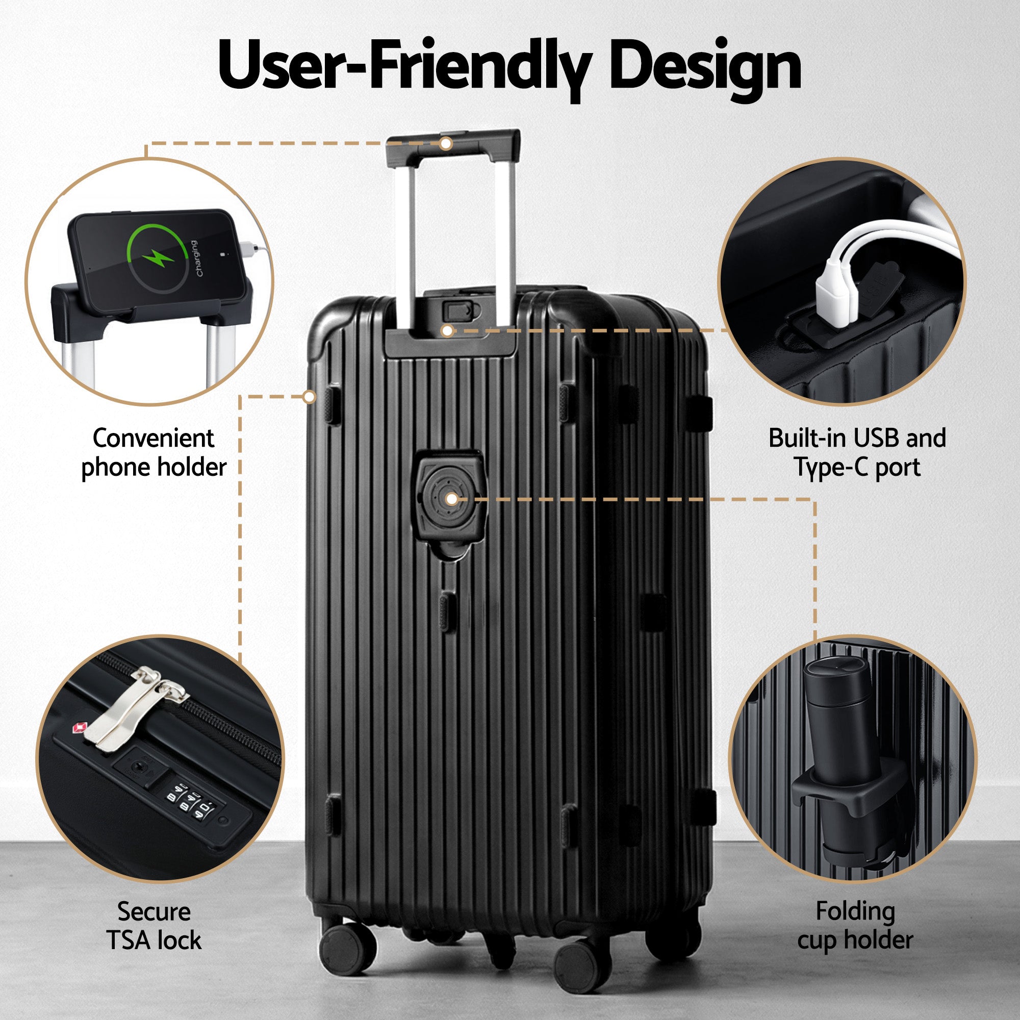 Wanderlite 28" Trunk Luggage Suitcase Travel 5 Wheels Type-C Port TSA Black-Home & Garden > Travel > Suitcases-PEROZ Accessories