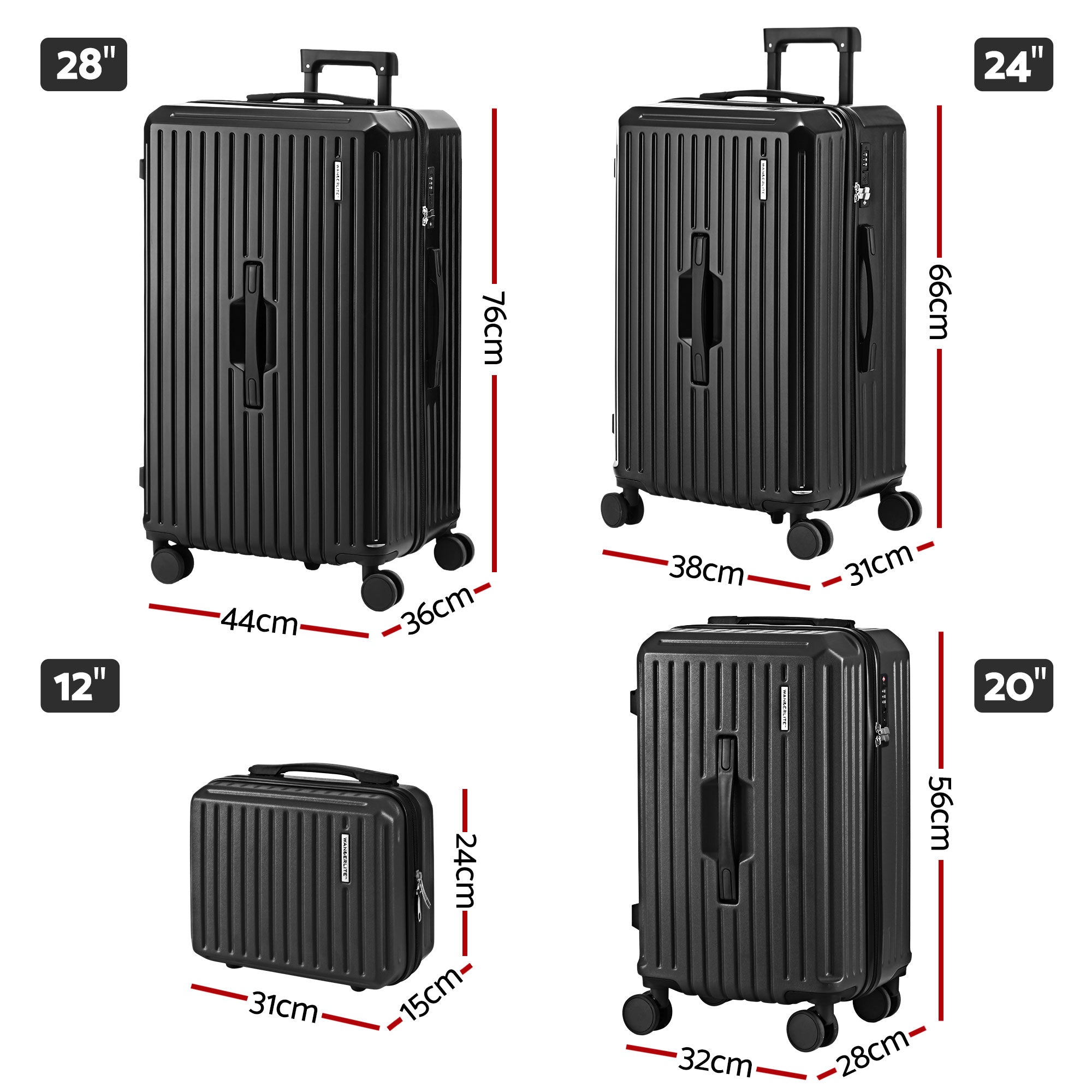 Wanderlite 4pcs Trunk Luggage Suitcase Set Travel Carry On TSA Lock Black-Home & Garden > Travel > Suitcases-PEROZ Accessories