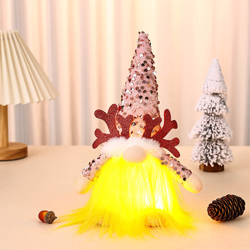 Light-Up Christmas Gnome Plush Doll with Sequin Hat & Antlers - Festive LED Tabletop Decoration(pink)-Occasions > Christmas > Christmas Decorations-PEROZ Accessories