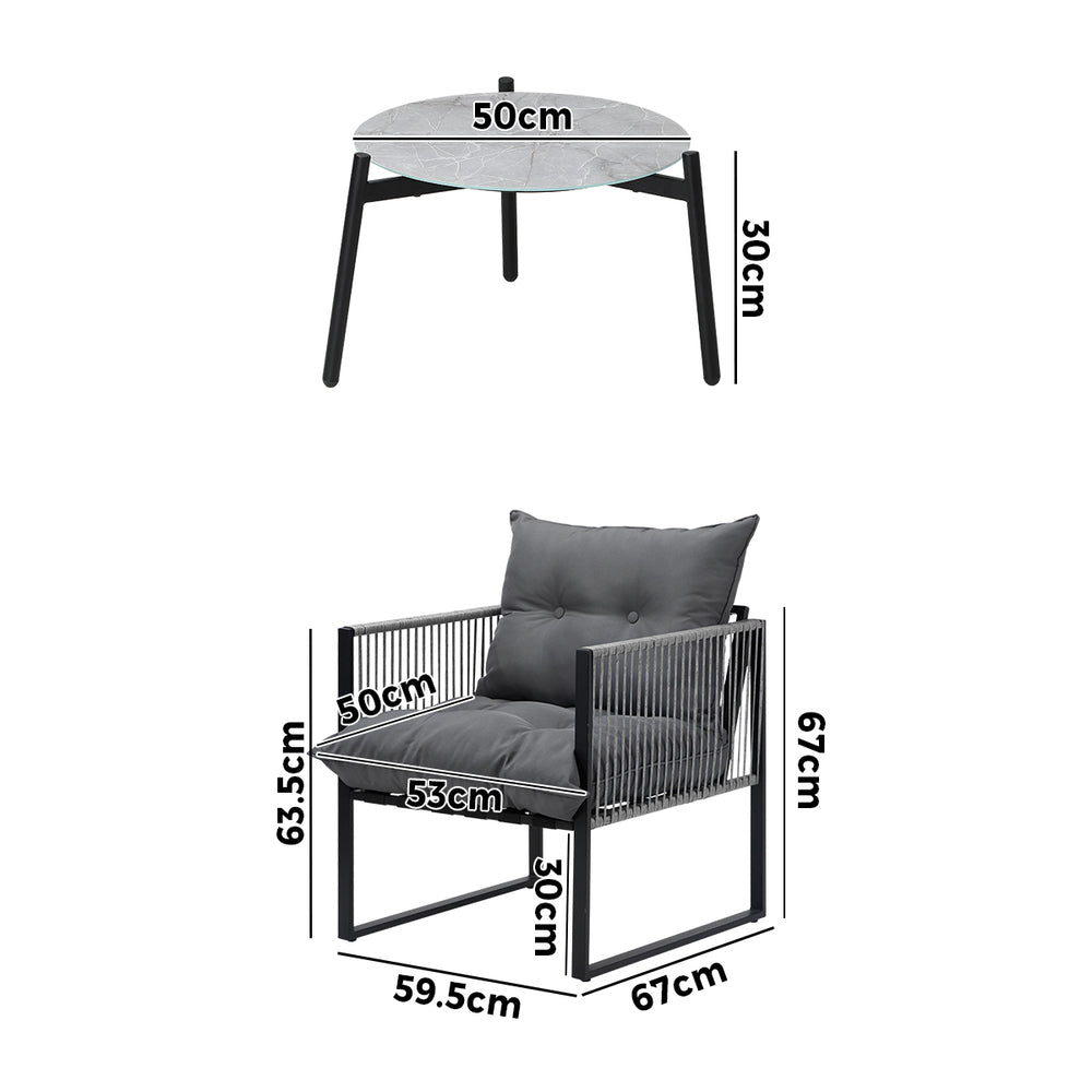 Livsip 3PCS Outdoor Patio Set 50cm Grey Table Cushioned Armchairs-Outdoor Patio Set-PEROZ Accessories