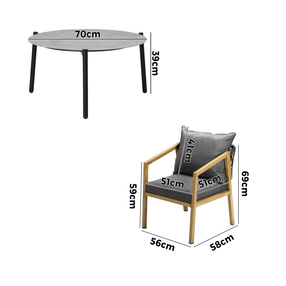 Livsip 3PCS Outdoor Patio Set 70cm Coffee Table Natural Chairs-Outdoor Patio Set-PEROZ Accessories