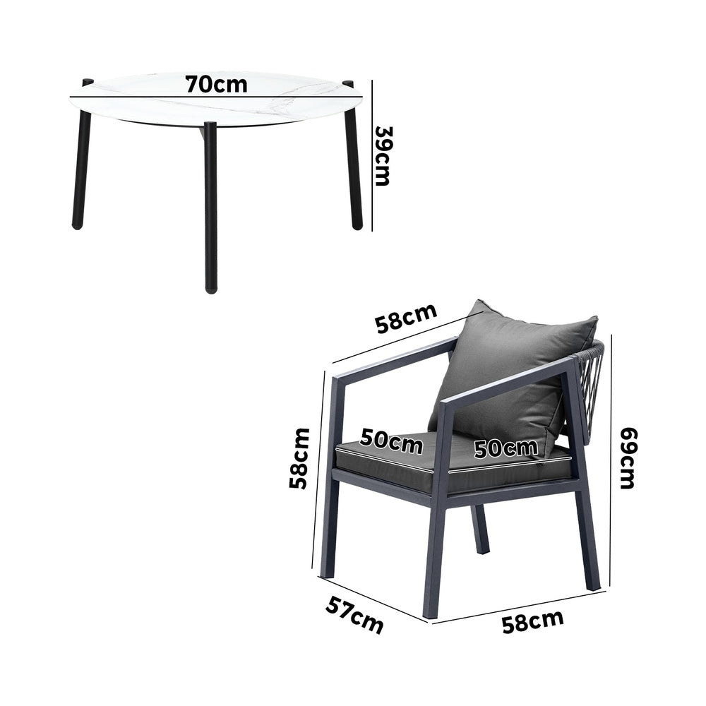 Livsip 3PCS Outdoor Patio Set White 70cm Coffee Table Grey Chairs-Outdoor Patio Set-PEROZ Accessories