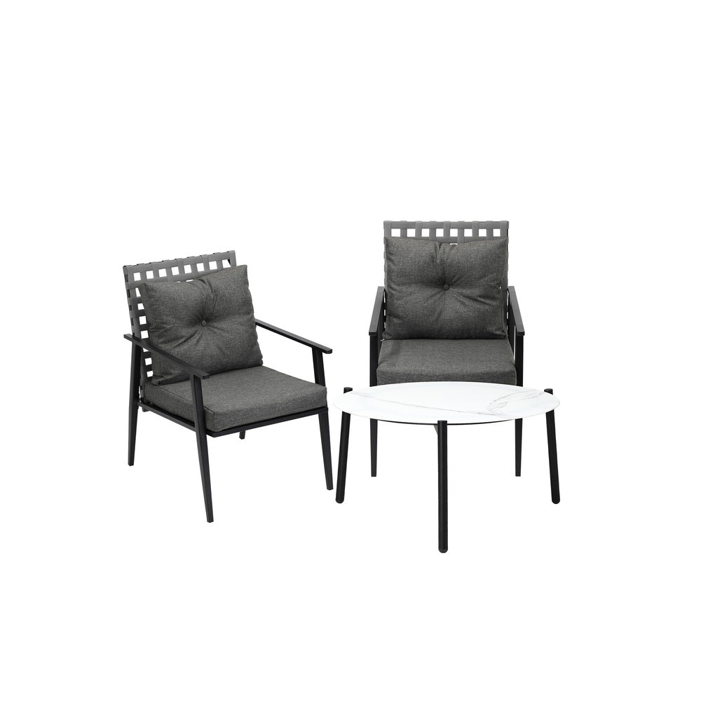 Livsip 3pc Outdoor Patio Set 70CM White Marble Table Rattan Chairs-Outdoor Patio Set-PEROZ Accessories