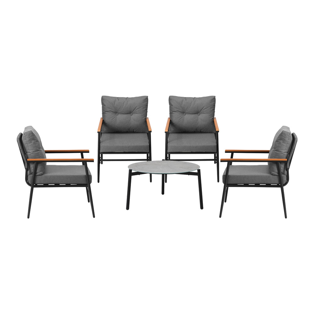Livsip 5pc Outdoor Patio Setting 70cm Table Grey and Black Armchairs-Outdoor Patio Set-PEROZ Accessories