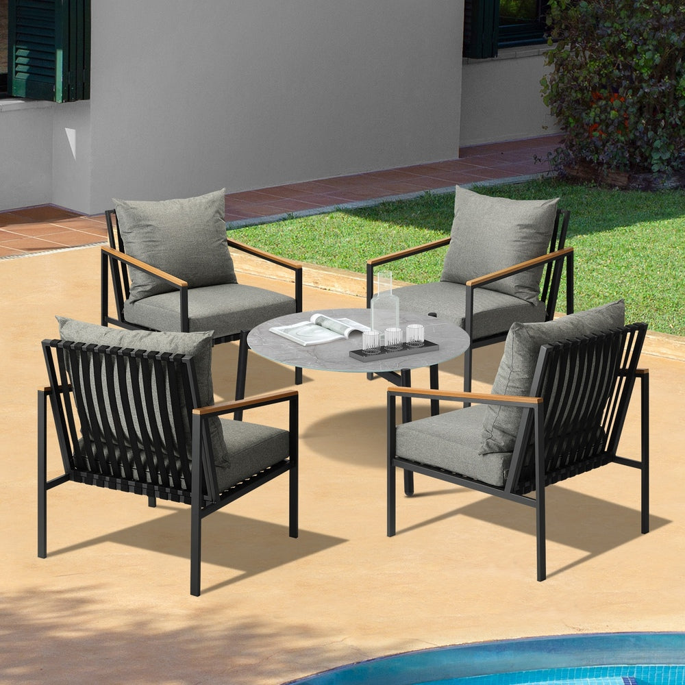 Livsip Outdoor Lounge Set Coffee Grey 70cm Table Chairs 5PCS-Outdoor Patio Set-PEROZ Accessories