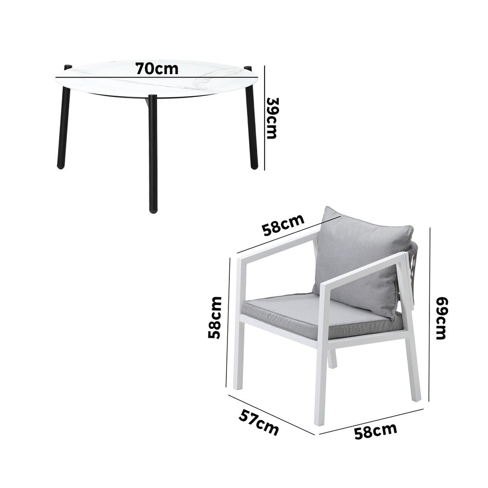 Livsip Outdoor Patio Set 4 Seater White 70cm Coffee Table-Outdoor Patio Set-PEROZ Accessories