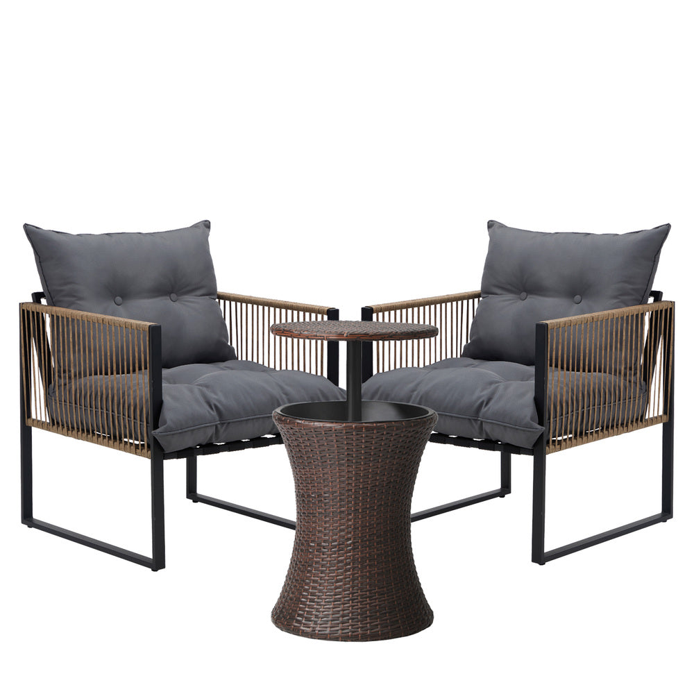 Livsip Outdoor Patio Set Ice Bucket Brown Table Rattan Bistro Set 3pcs-Outdoor Patio Set-PEROZ Accessories