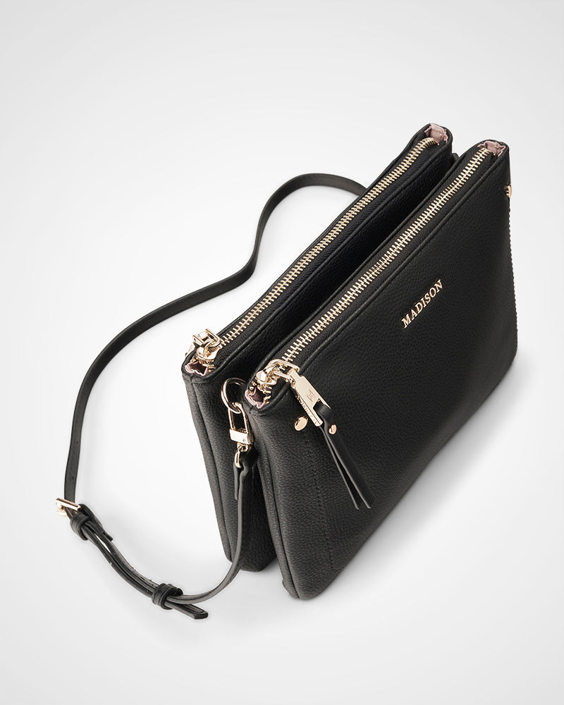 Charlotte Double Zip Crossbody Bag + Monogram Stripe Bag Strap-Handbags-PEROZ Accessories