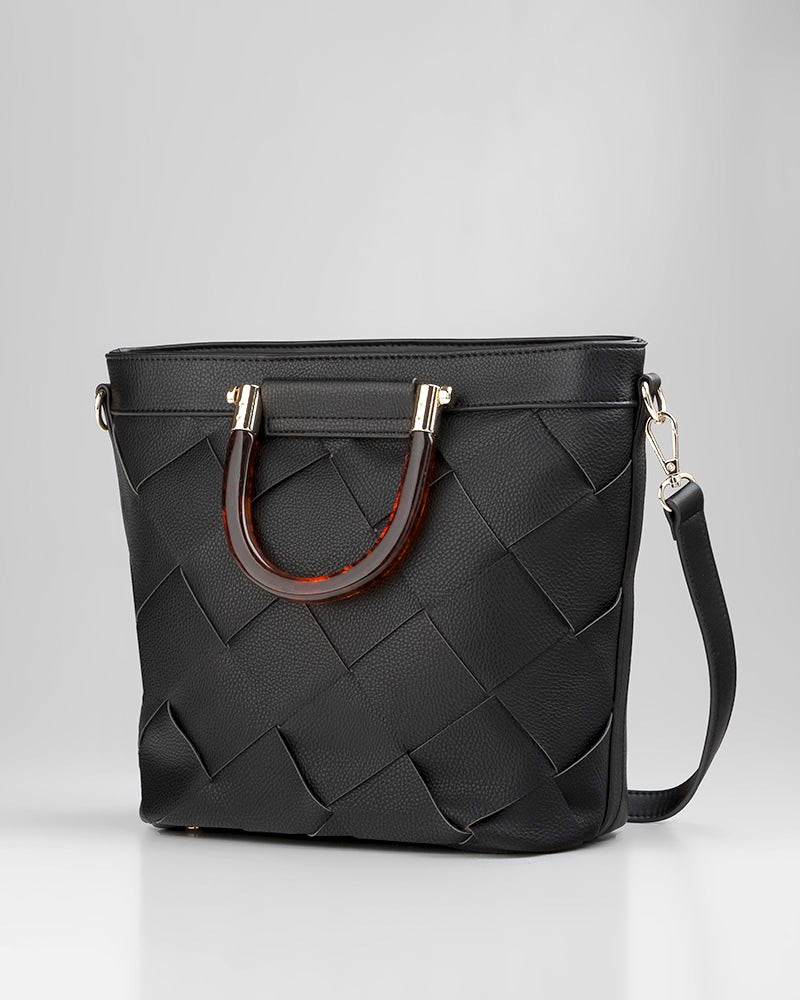 Lucinda Weave Bucket Crossbody Bag With Tortoise-Shell-Resin Handle-PEROZ Accessories
