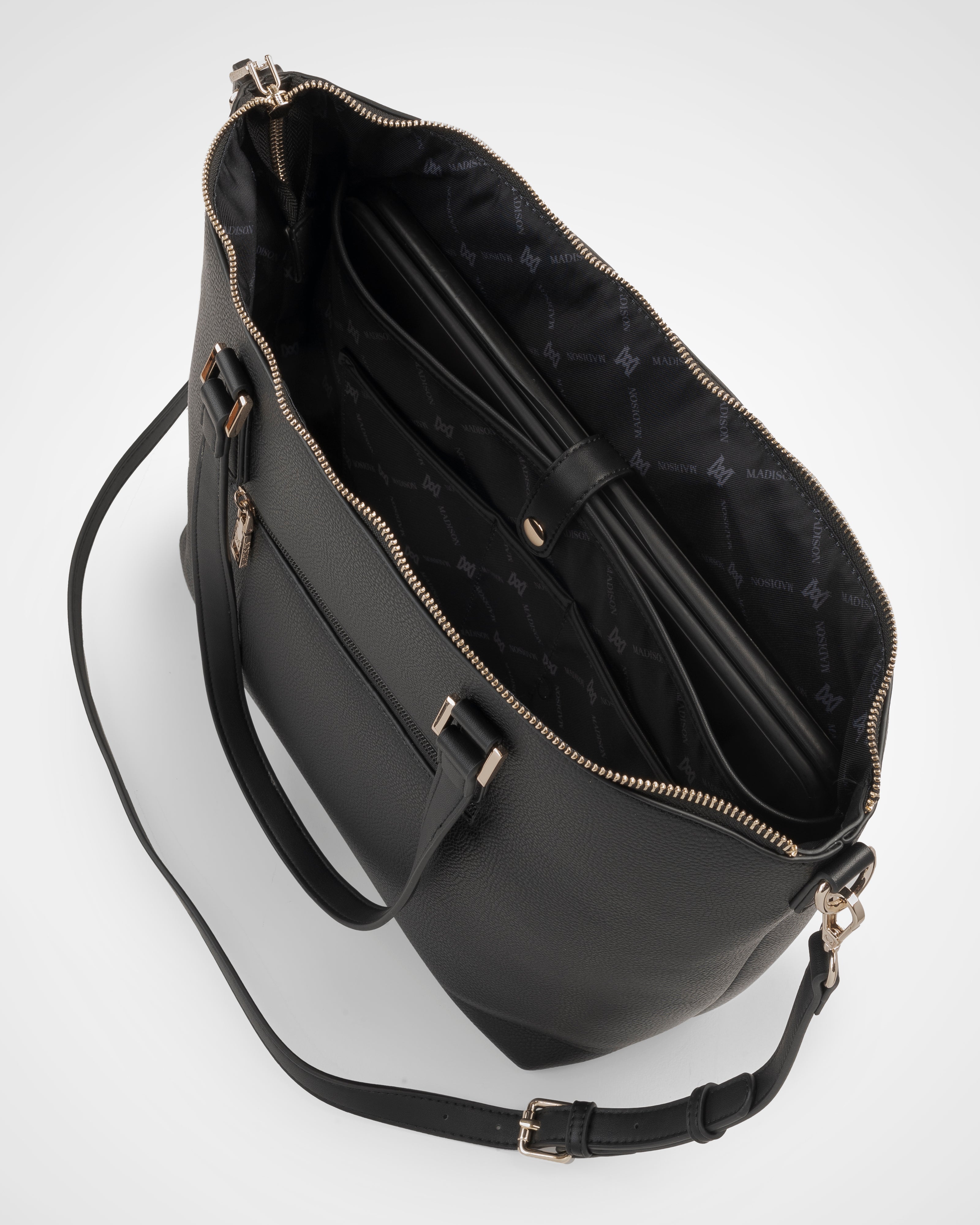Inga Large Zip Top Tote Bag With Laptop Pocket + Monogram Bag Strap-Handbags-PEROZ Accessories